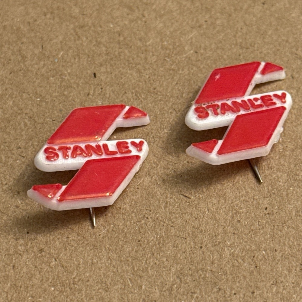 Stanley TWO Plastic Lapel Pins Red Advertising Logo Vintage